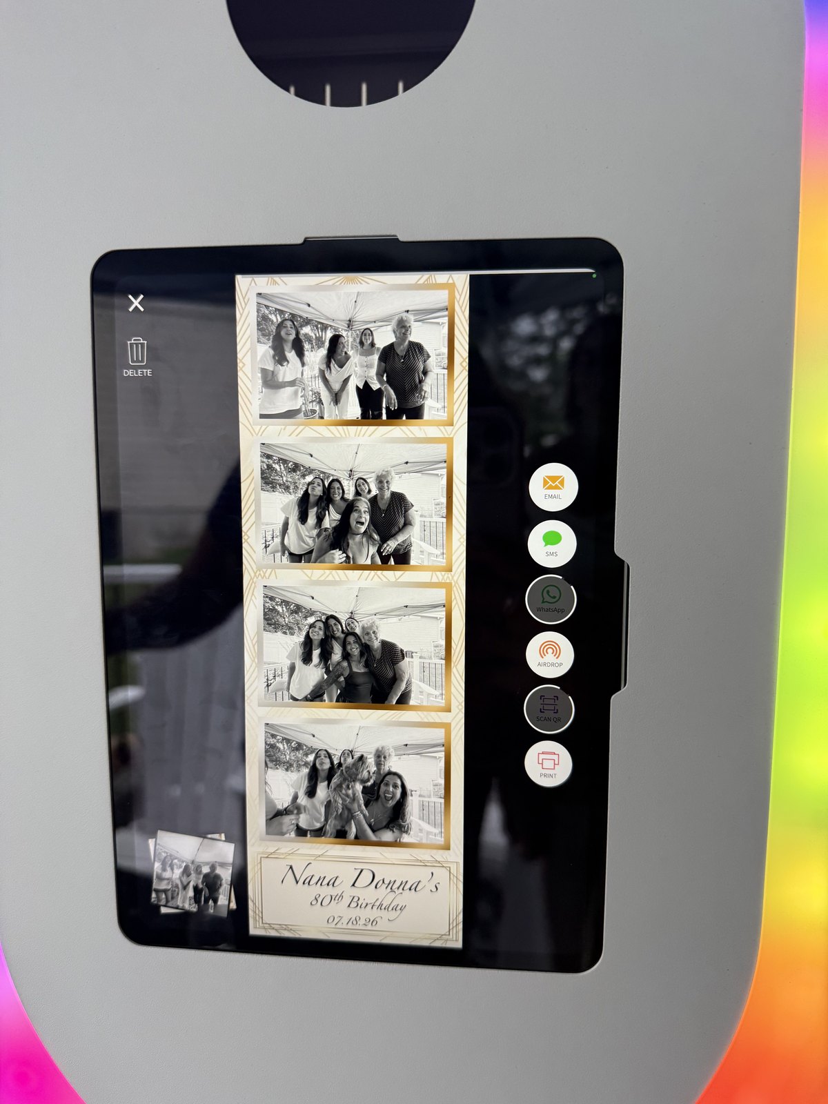 Photo booth screen displaying a custom birthday photo strip