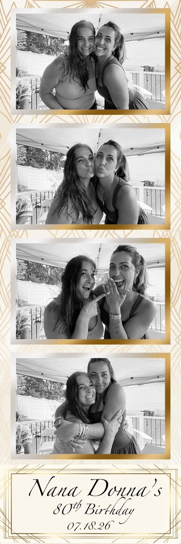 Black-and-white photo strip from Nana Donna's 80th birthday celebration